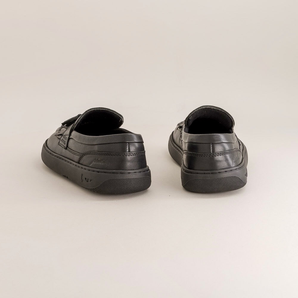 Back view of black loafers