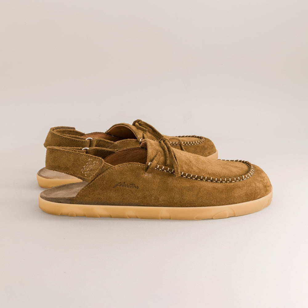 Pair of brown suede mules on a light gray background