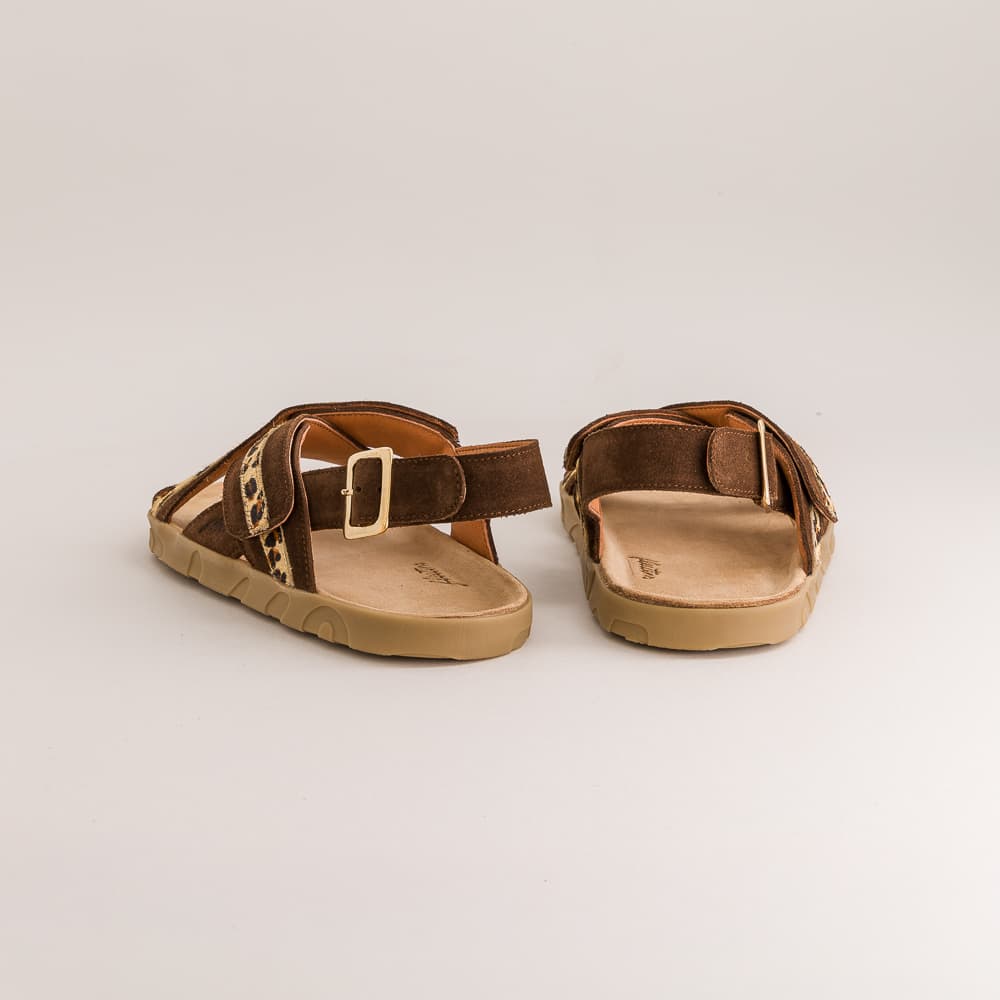 A pair of brown leather slide sandals with adjustable straps and gold-tone buckles, shown from the side on a light gray background.