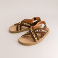 A pair of women's strappy sandals with brown suede-like straps, leopard-print patterned bands, and tan soles, shown on a light gray background.