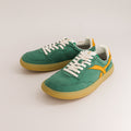 Stylish barefoot sneakers in green and orange vibrant colors - front