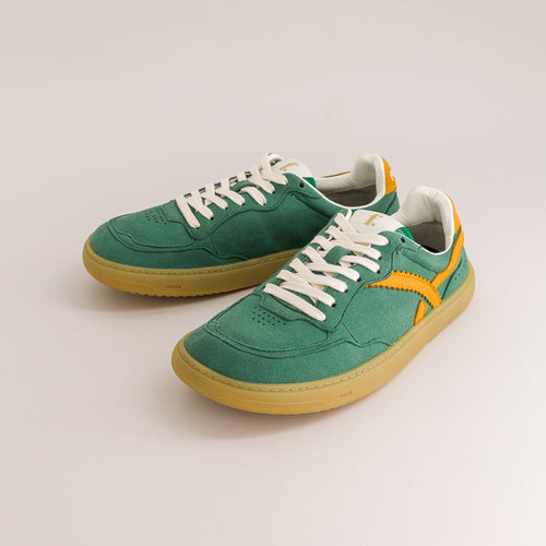 Stylish barefoot sneakers in green and orange vibrant colors - front