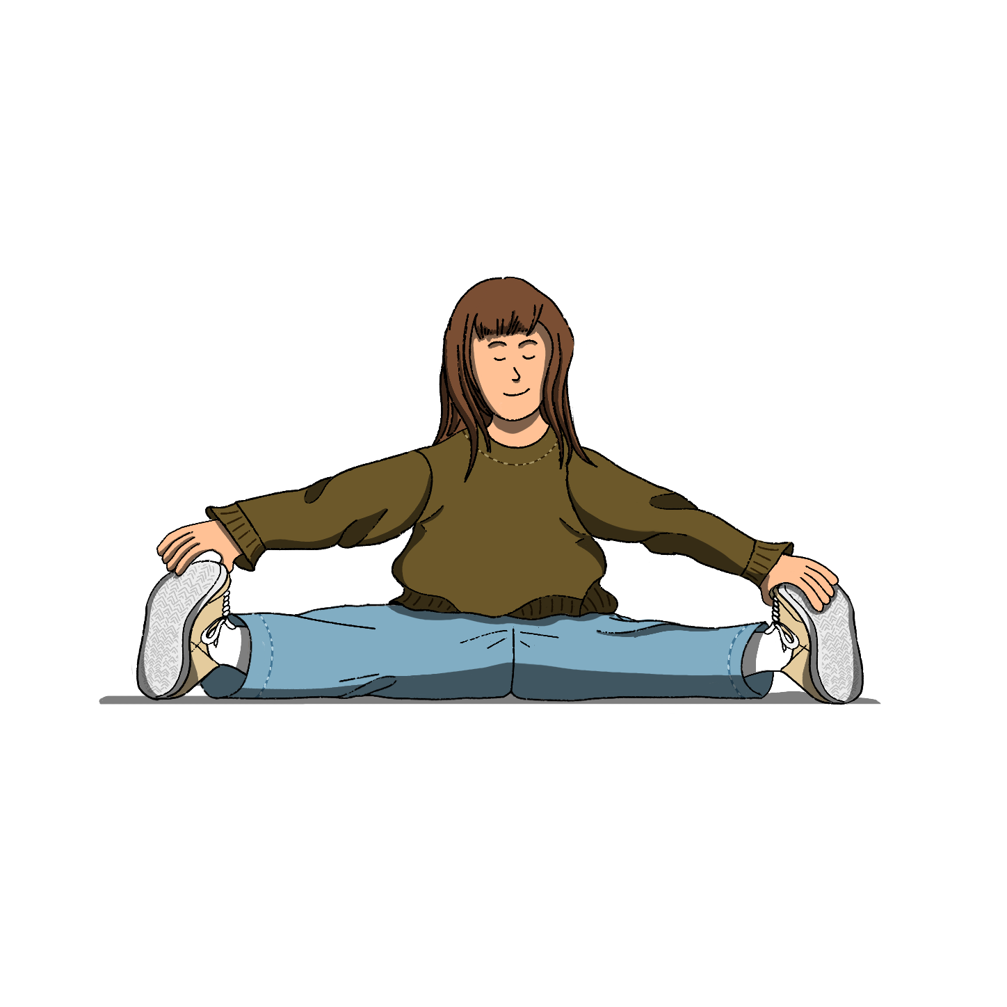 Cartoon character sitting with legs crossed on a white background
