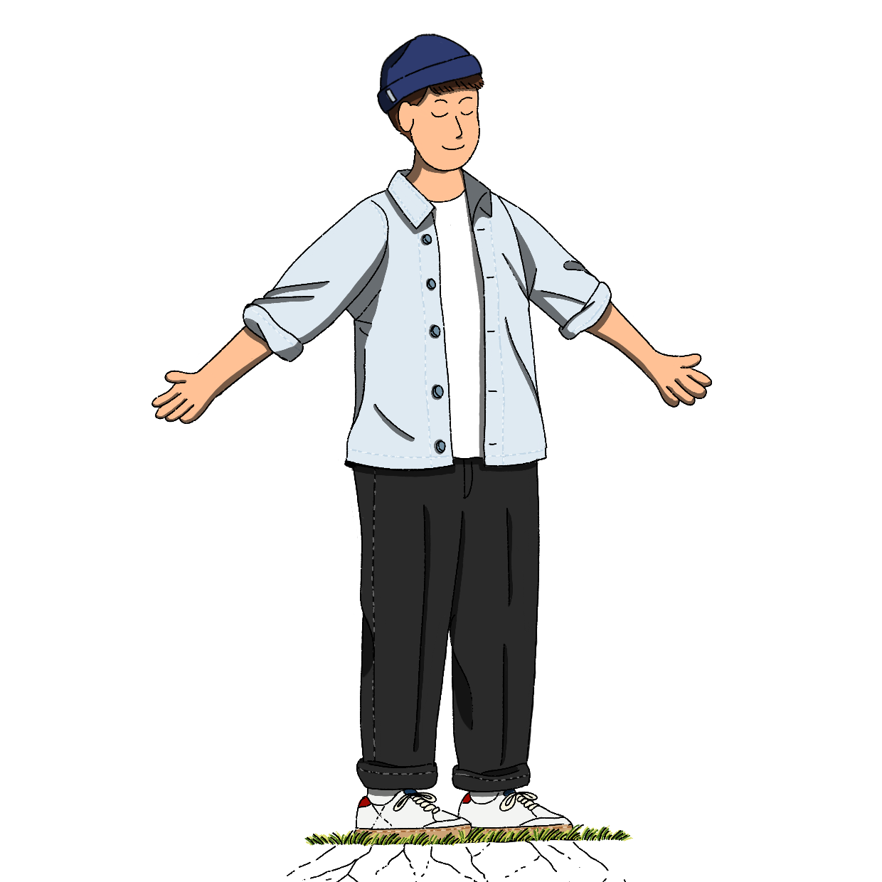 Cartoon character standing on a twig with a white background