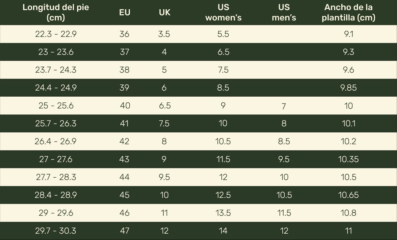 Table showing shoe size conversions in different systems with foot length measurements.